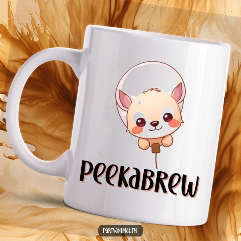 Funny mug showing a curious animal character peeking playfully from behind a colorful, floating balloon.