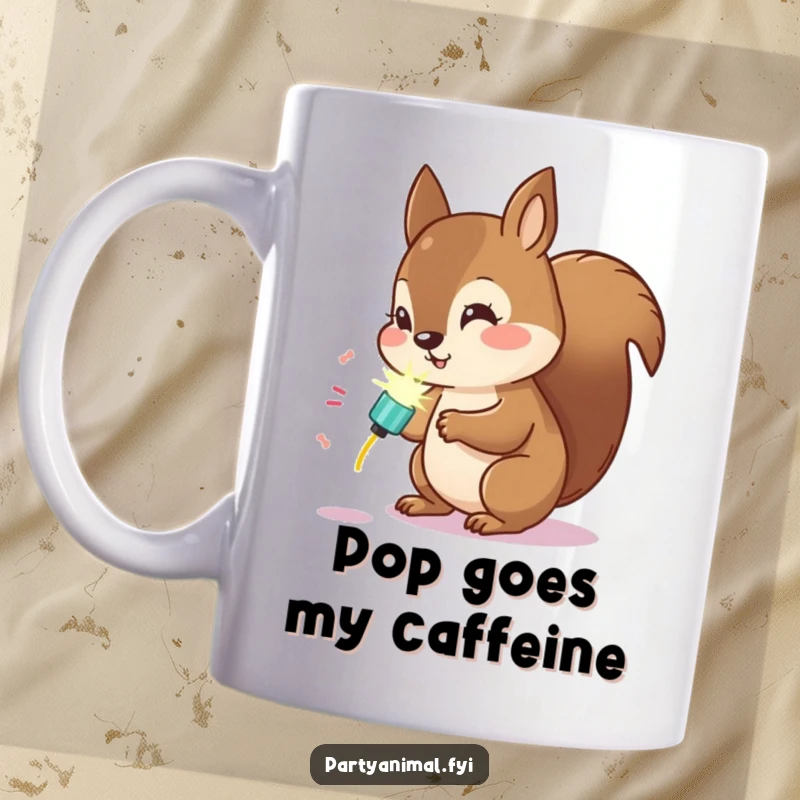 Funny Kawaii Squirrel Mug: Curious squirrel examining a glowing party popper, embodying playful investigation and excitement.