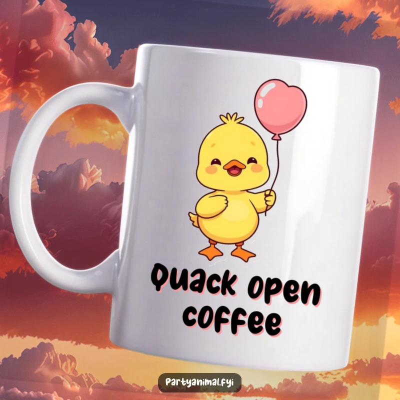 Funny cheerful yellow duck character holding a balloon, happily bobbing its head, radiating pure joy and optimism.