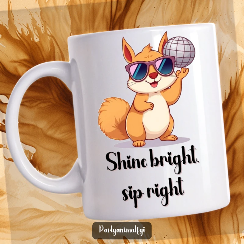 Funny squirrel mug with tiny sunglasses, joyfully holding a disco ball aloft, radiating cool party vibes.