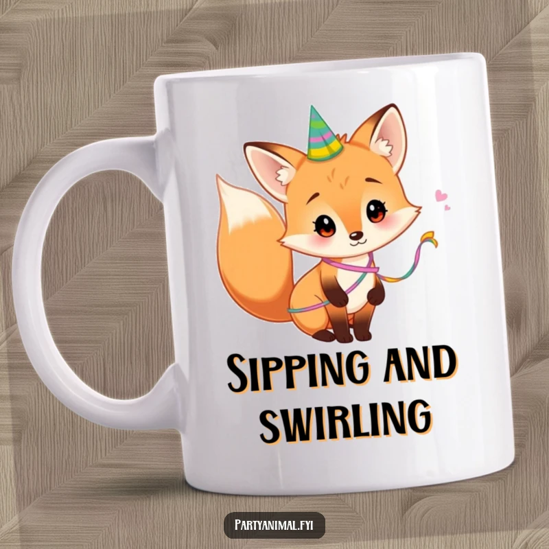 Funny Mug depicting a curious fox with a vibrant party streamer playfully wrapped around its bushy tail, hinting at a recent celebration.