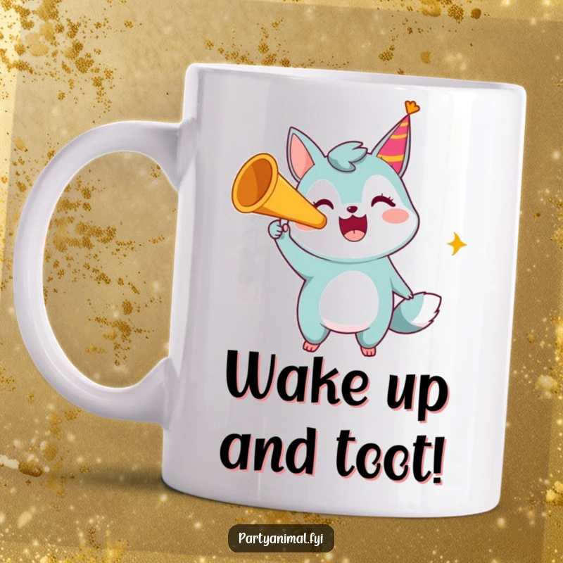 Funny mug showing a cheerful animal character enthusiastically blowing a party horn, creating a sense of loud, happy celebration.