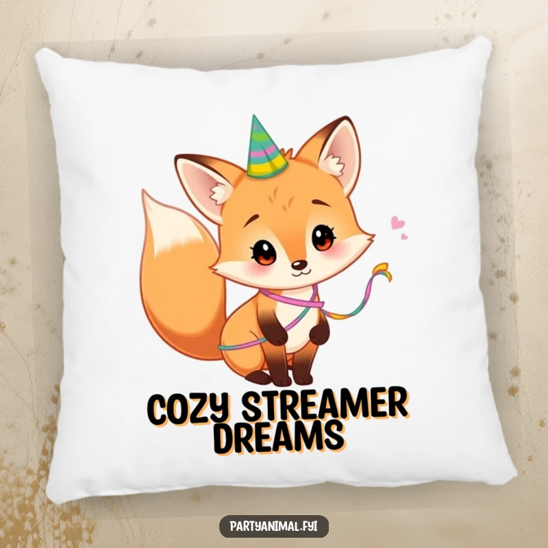 Funny Pillow designed with a curious fox having a party streamer wrapped around its tail, offering plush comfort and a whimsical touch.