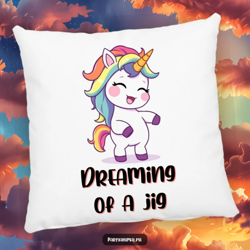 Funny unicorn pillow, a giggling character with a flowing rainbow mane, striking a silly dance pose, perfect for adding whimsical comfort.