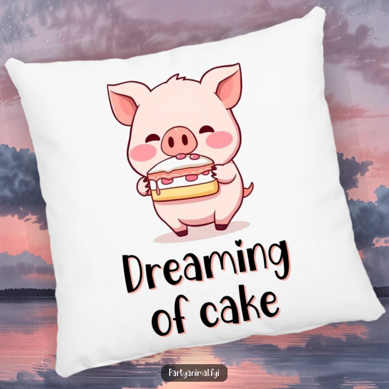 Funny pig pillow, a blushing character balancing a slice of cake on its snout, perfect for sweet dreams and humorous comfort.