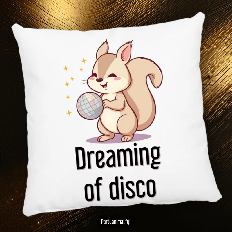 Funny throw pillow featuring an agile squirrel energetically spinning a shiny disco ball with its tail, perfect for party enthusiasts.