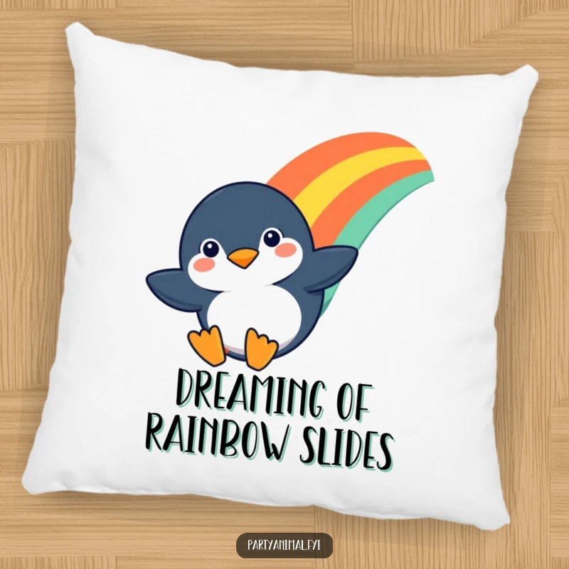 Funny pillow featuring a determined penguin character sliding down a rainbow, bringing a cozy and inspirational vibe to any room.
