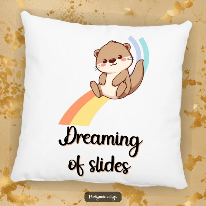 Funny Otter Pillow: A joyful otter sliding down a bright streamer rainbow, offering comfort and a splash of whimsical fun.