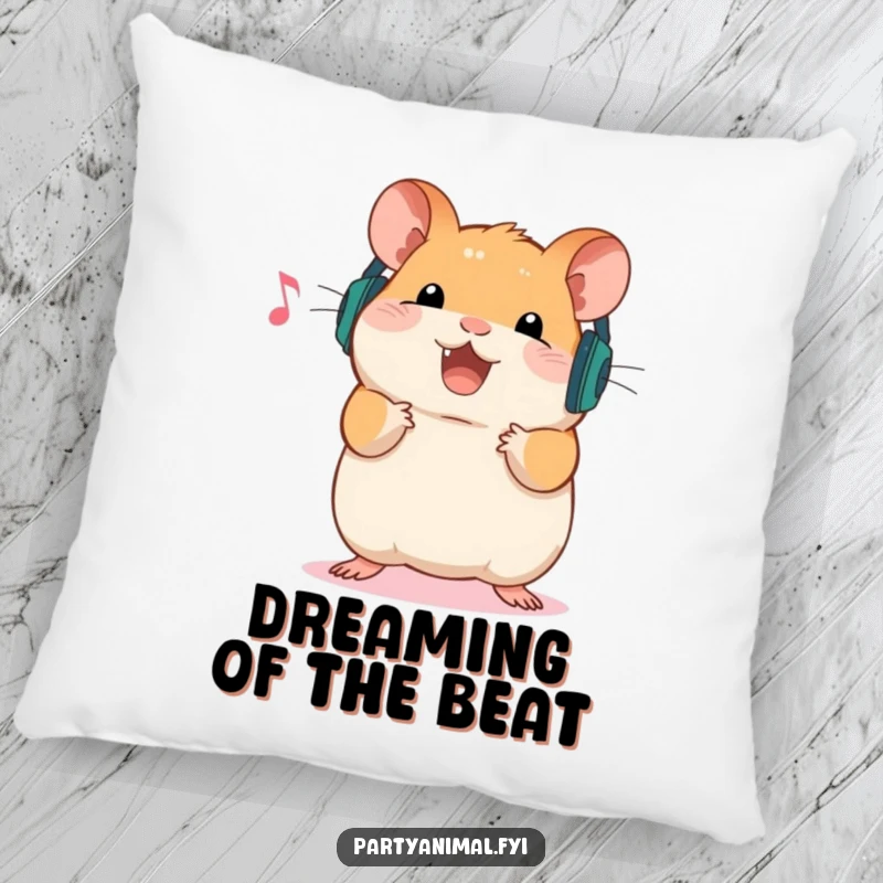 Funny Pillow designed with a happy hamster wearing headphones, offering plush comfort and a delightful musical theme for cozy relaxation.