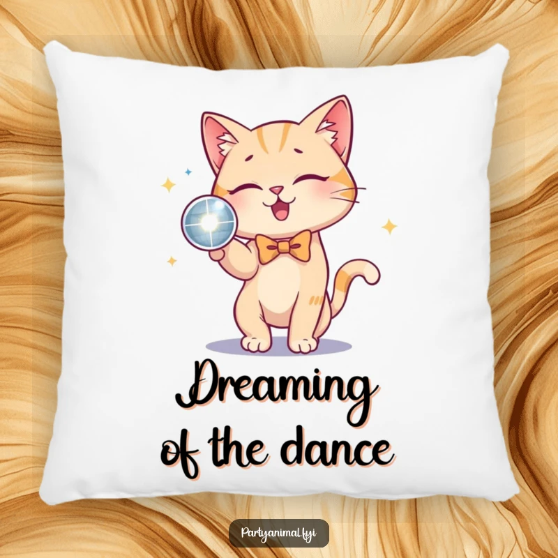 Funny Cat Bow Tie Disco Ball Pillow: A playful cat in a bow tie is depicted batting at a shiny disco ball, ideal for adding chic comfort.