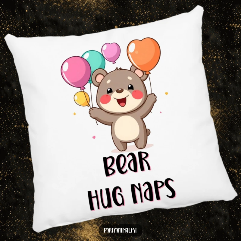 Funny pillow featuring a happy bear character juggling colorful balloons, offering comfort and a dose of cheerful humor.
