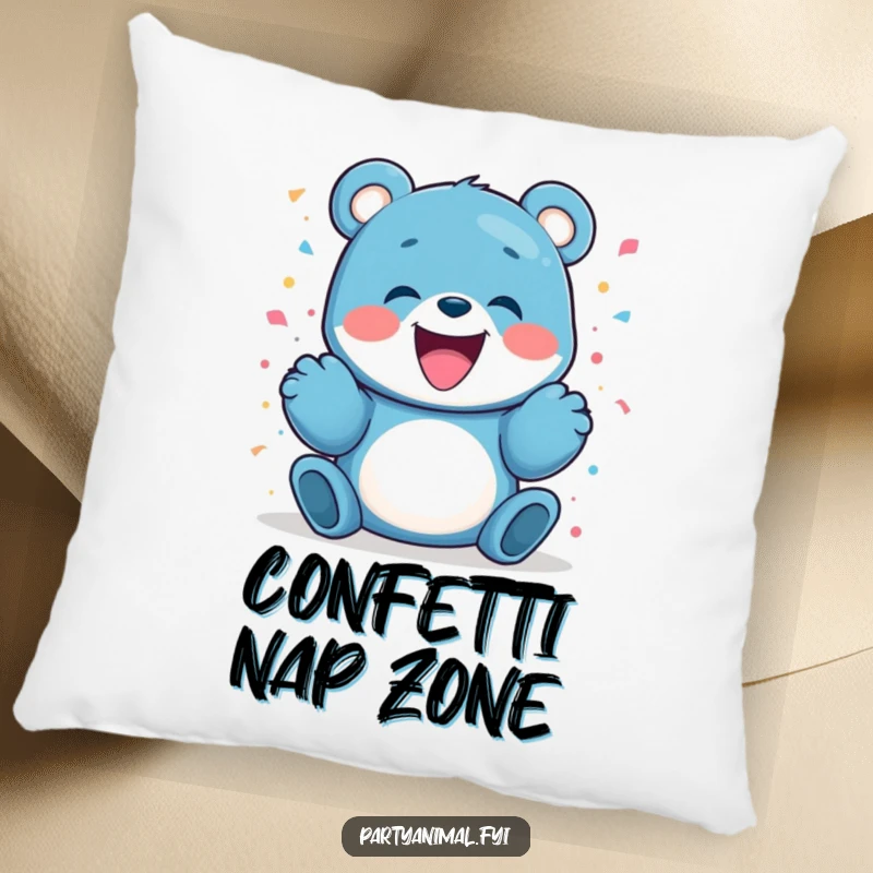 Funny blue bear character gleefully launching confetti, bringing soft, festive, and humorous comfort to any room.