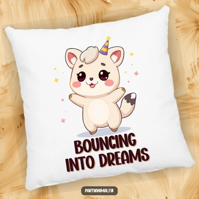 Funny animal character bouncing enthusiastically under colorful party lights, offering plush comfort with a humorous, festive touch.