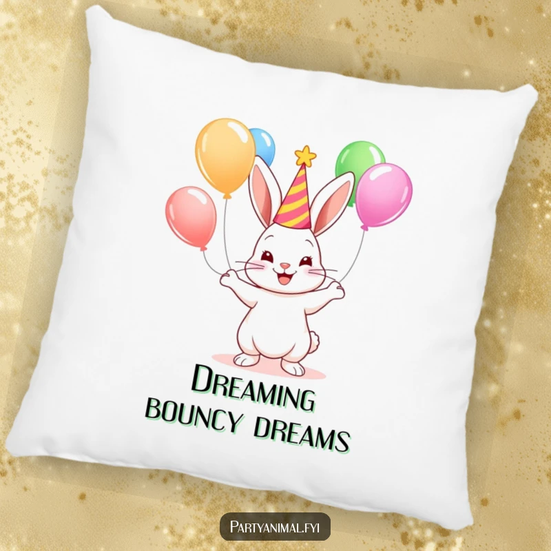 A cute, smiling bunny wearing a party hat juggles colorful balloons, featured on a soft and funny decorative pillow.