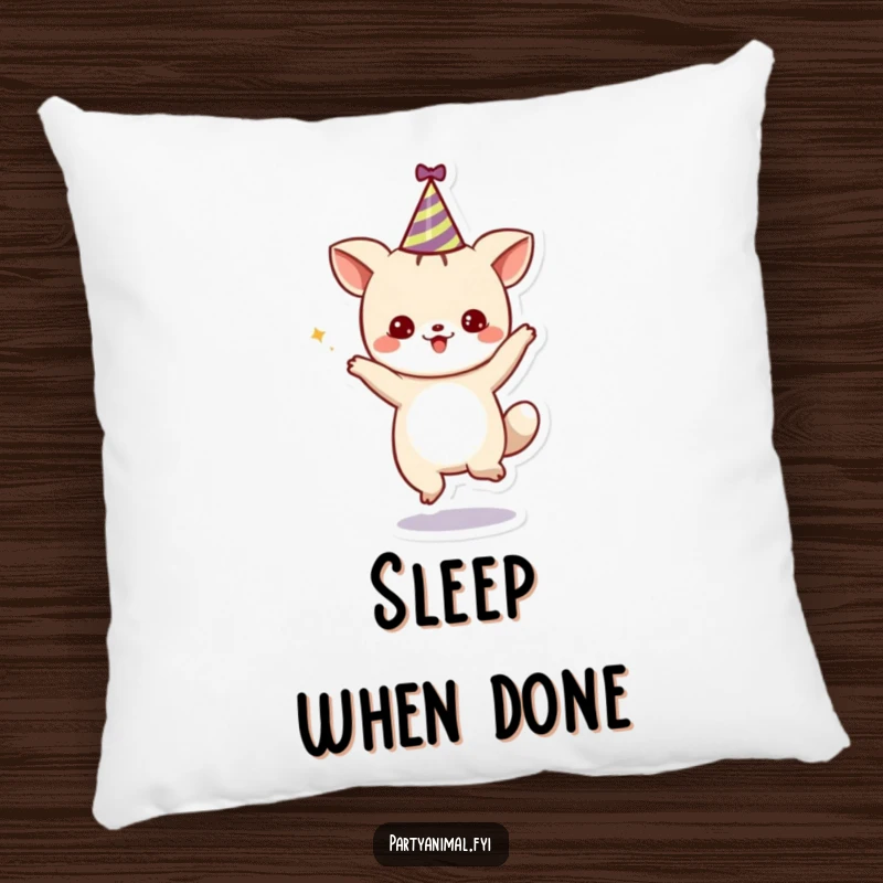 Funny Pillow: A cute animal character dancing in a party hat, offering cozy comfort and a touch of festive cheer.