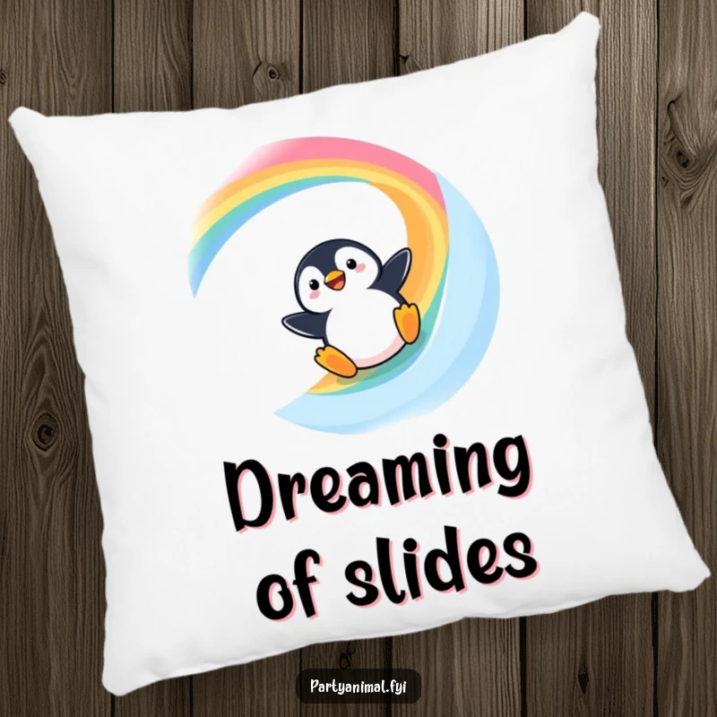 Funny Kawaii Penguin Pillow: A cute penguin sliding down a rainbow, perfect for cozying up with a laugh.