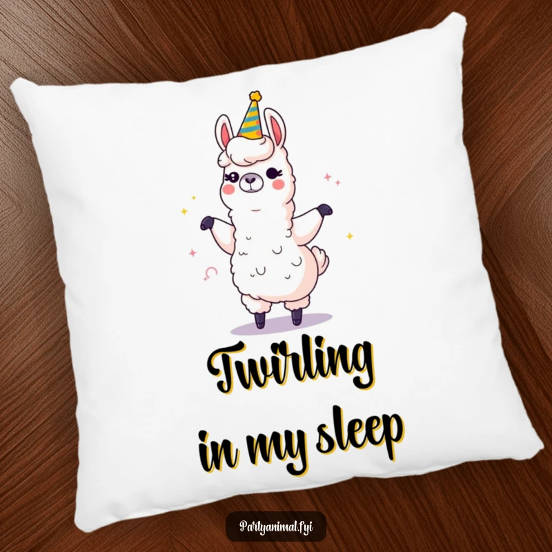Funny pillow featuring a winking llama character dancing with a giant, sparkling party horn, perfect for cozying up in style.