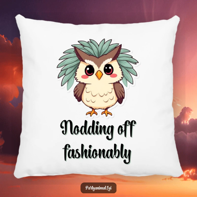 Funny pillow featuring a silly owl character in a chic feathered boa, striking a dramatic pose, offering cozy comfort and theatrical humor.