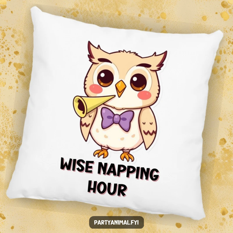 Funny Pillow featuring a happy owl in a bow tie, blowing a party horn, ideal for cozying up.