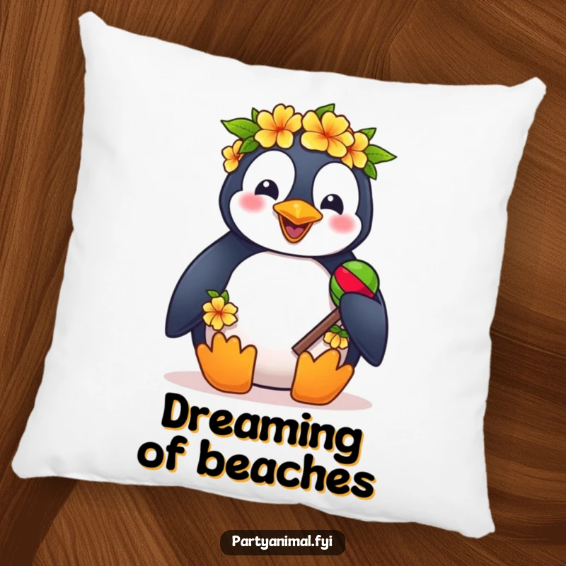 Funny decorative pillow featuring a penguin wearing a lei and holding maracas, adding tropical cheer to any room.