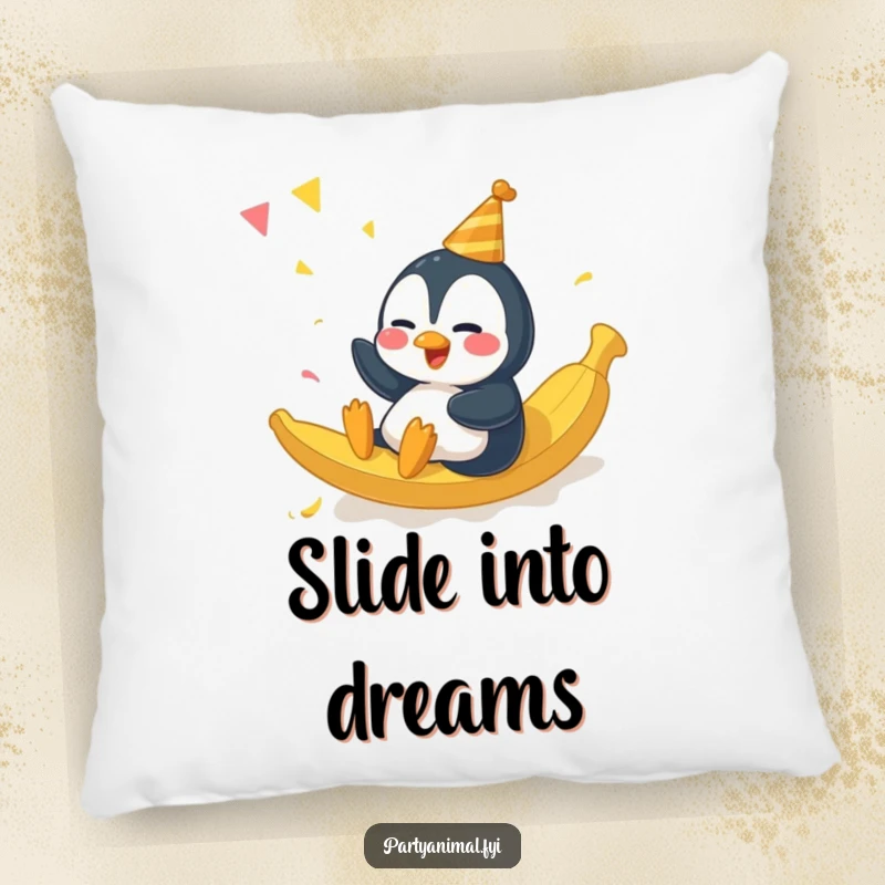 Funny giggling penguin character sliding on a banana peel at a party on a soft, decorative pillow.