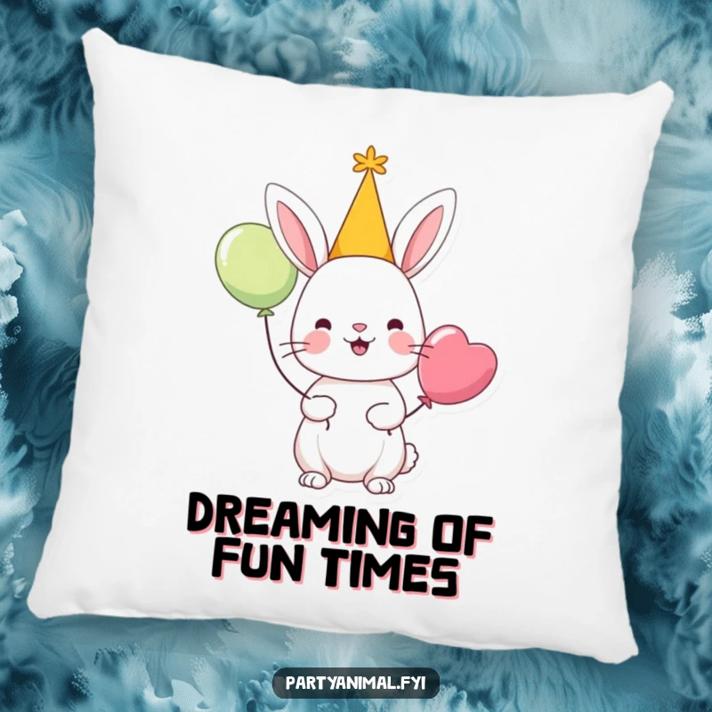 Funny decorative pillow featuring a cheerful rabbit character in a party hat holding a balloon, bringing cozy celebration vibes.