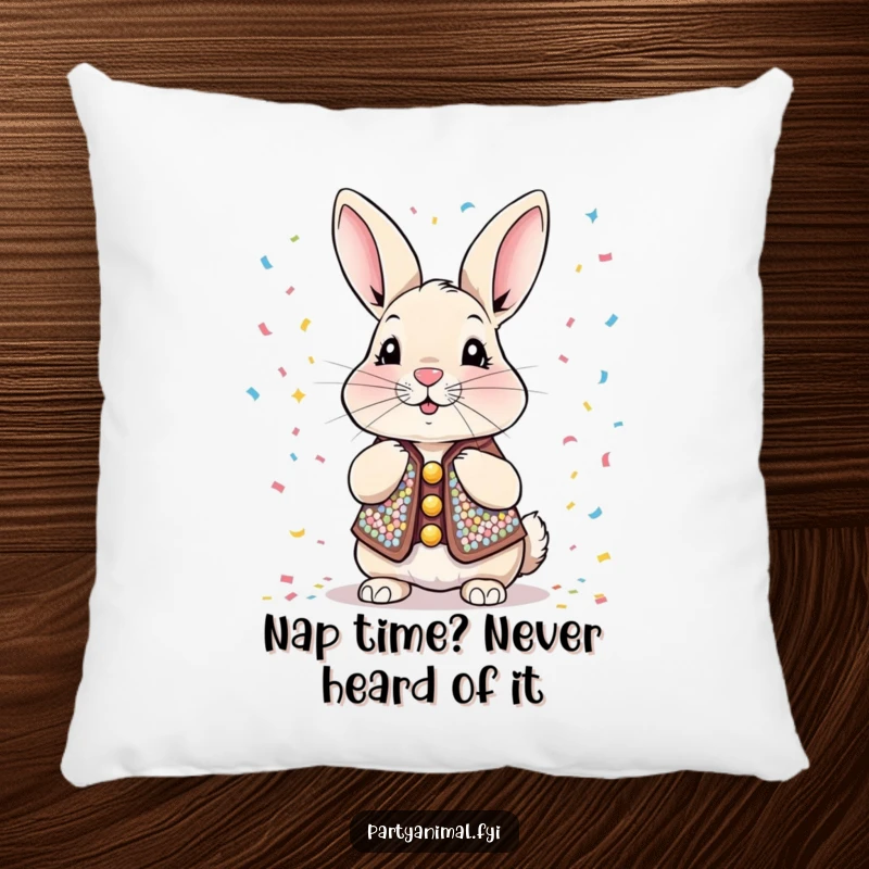 Funny Pillow designed with a sequined rabbit blowing confetti, offering plush comfort and a touch of joyous, humorous decoration for any seating area.
