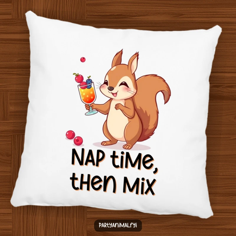 Funny decorative pillow featuring a cute squirrel juggling tiny berry cocktails, adding a playful touch to sofas and chairs.