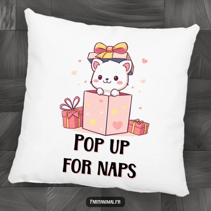 Funny Pillow: A small animal character bursts out of a festive gift box, bringing cheer and surprise.