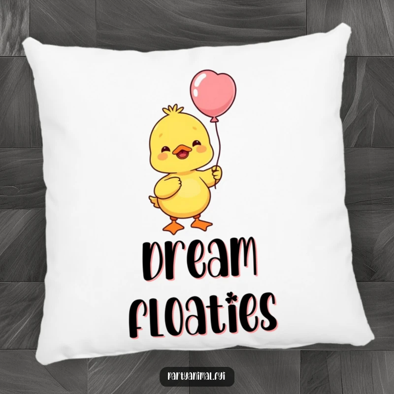 Funny yellow duck character holding a balloon, cheerfully bobbing its head, bringing soft, happy, and humorous comfort.