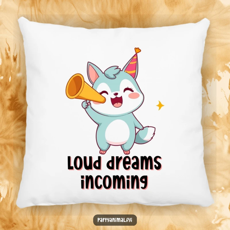 Funny pillow featuring a happy animal character loudly blowing a party horn, bringing festive cheer to any room.