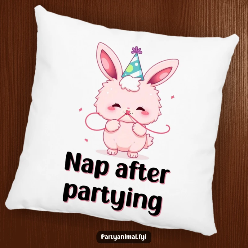 Funny fluffy pink bunny in a party hat, happily blowing a streamer, bringing soft, festive, and humorous comfort.