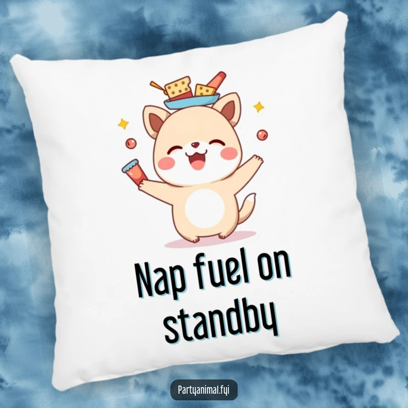 Funny animal character balancing a delightful stack of snacks on its head, offering plush comfort with a humorous twist.