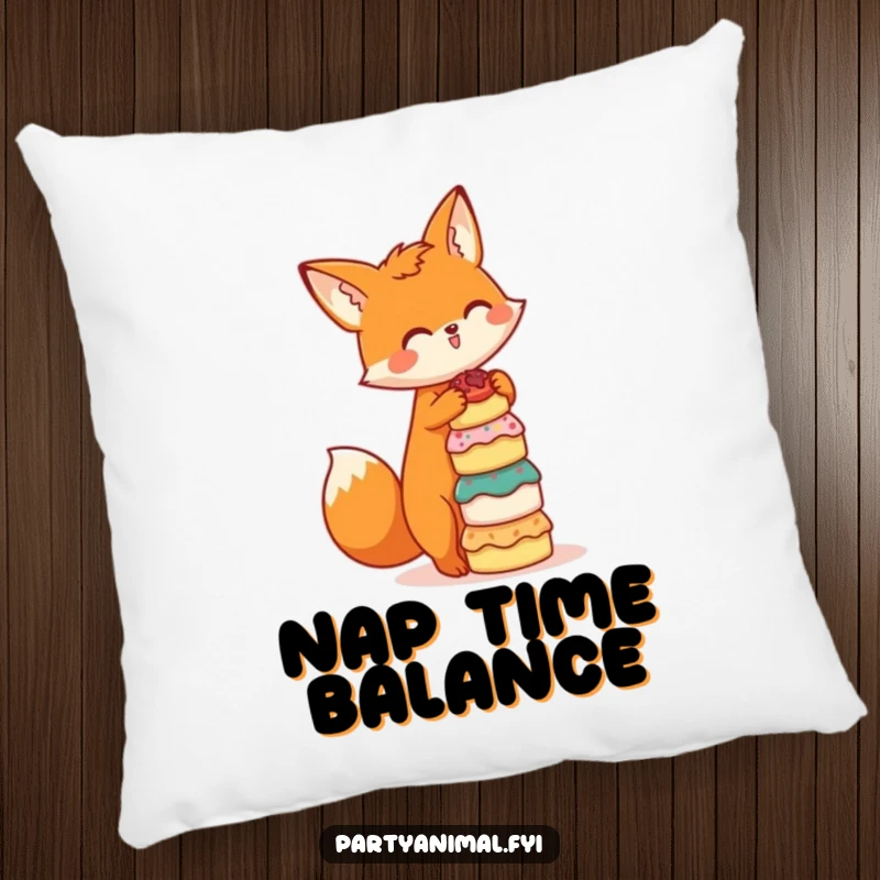 Funny pillow featuring a cute orange fox character balancing a petite stack of cakes, perfect for adding whimsical comfort to any sofa.