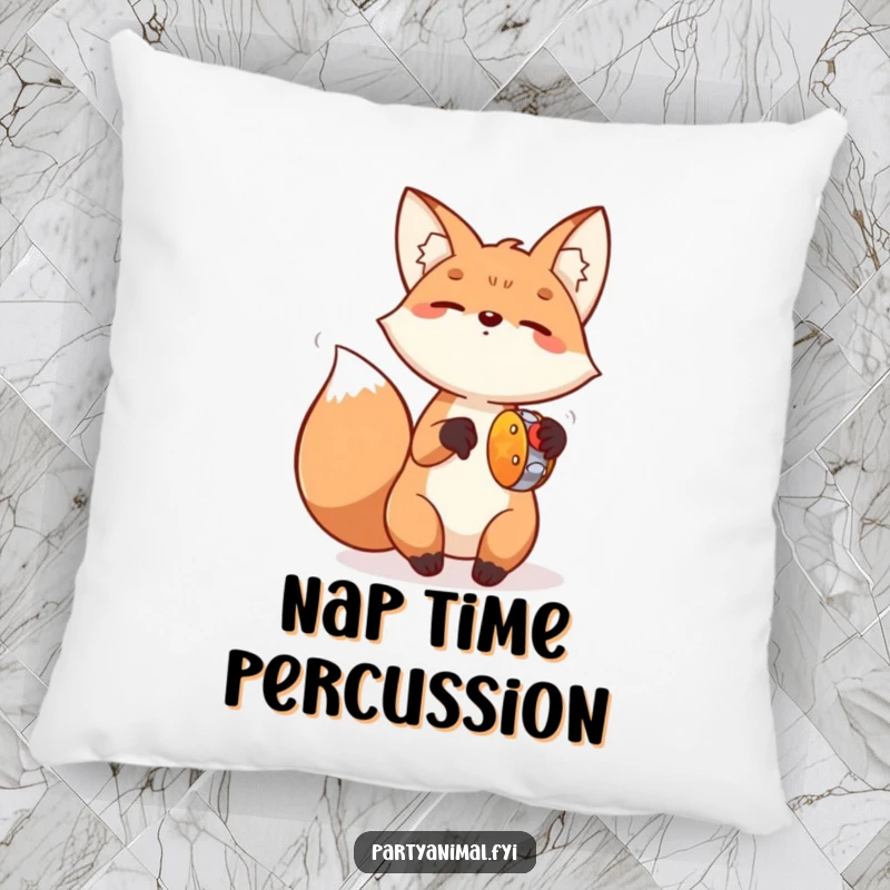 Funny Fox Tambourine Pillow: A cheerful fox is depicted joyfully playing a miniature tambourine with enthusiastic paw movements, ideal for snuggle time.