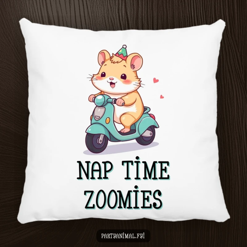 Funny Hamster Pillow: A cheerful hamster cruises on a tiny decorated party scooter, offering comfort and a whimsical appeal.