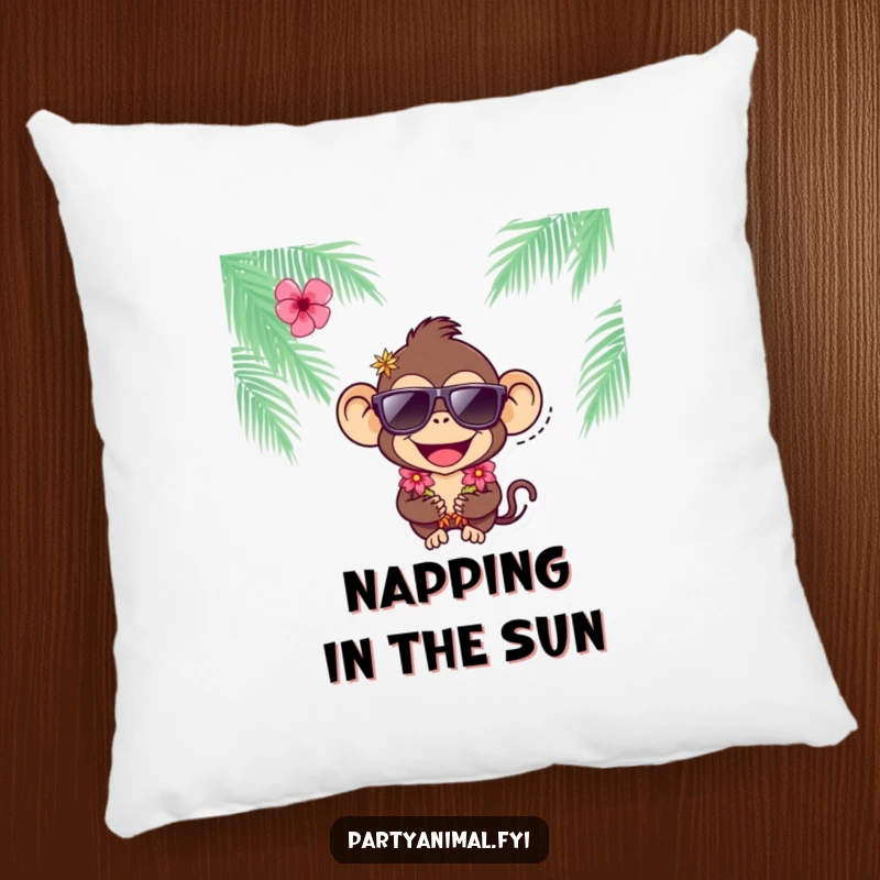 Funny joyful monkey character wearing sunglasses and a lei on a soft, decorative pillow, embodying tropical humor.
