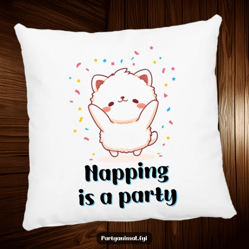 Soft funny pillow with a fluffy animal character joyfully throwing confetti, providing comfort and a dose of pure celebratory happiness.