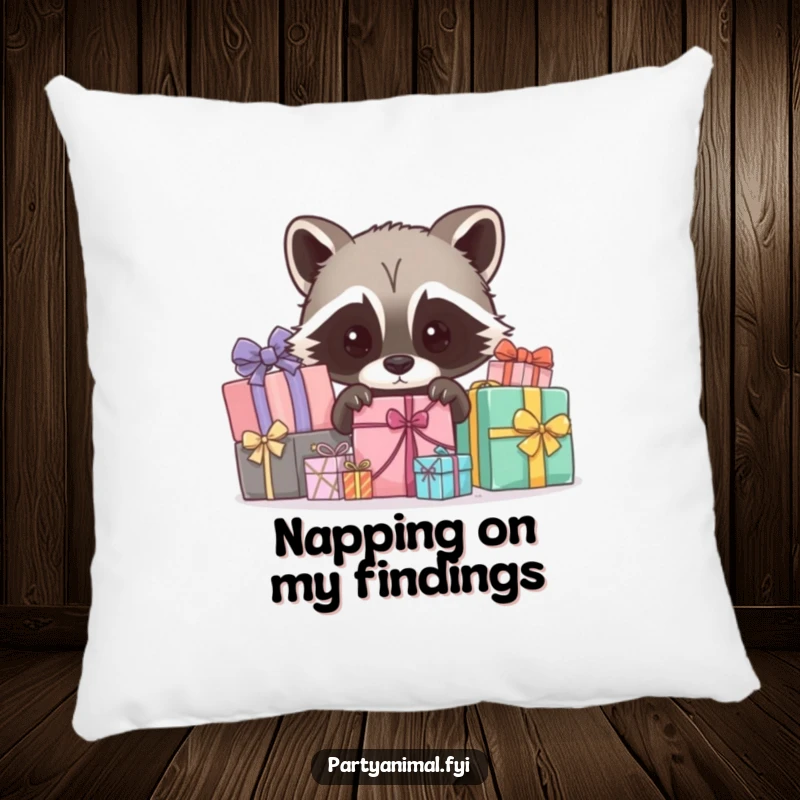 Funny raccoon pillow, a curious character peeking out from behind wrapped gifts, perfect for adding a touch of playful comfort.