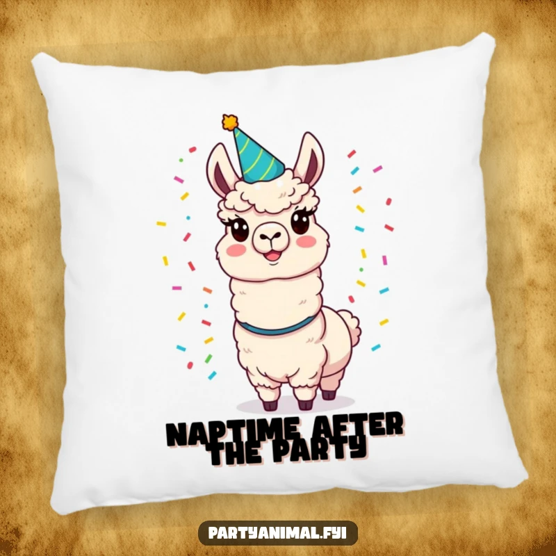 Funny llama pillow showcasing a cheerful llama in a party hat, juggling colorful confetti, offering comfort and joy.