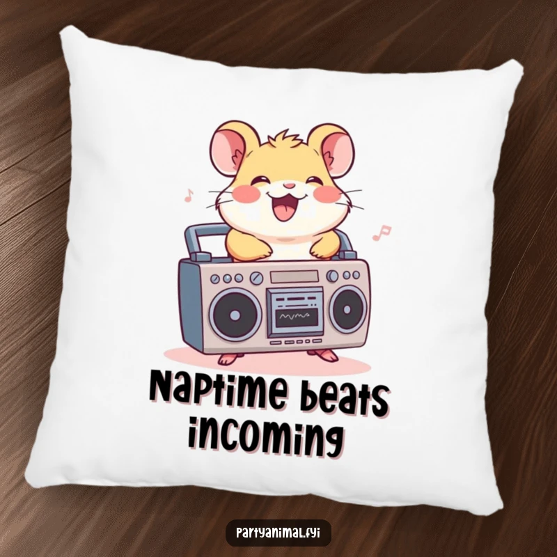 Funny hamster pillow, a cheerful character riding a boombox, grooving to music, perfect for adding musical comfort and humor.