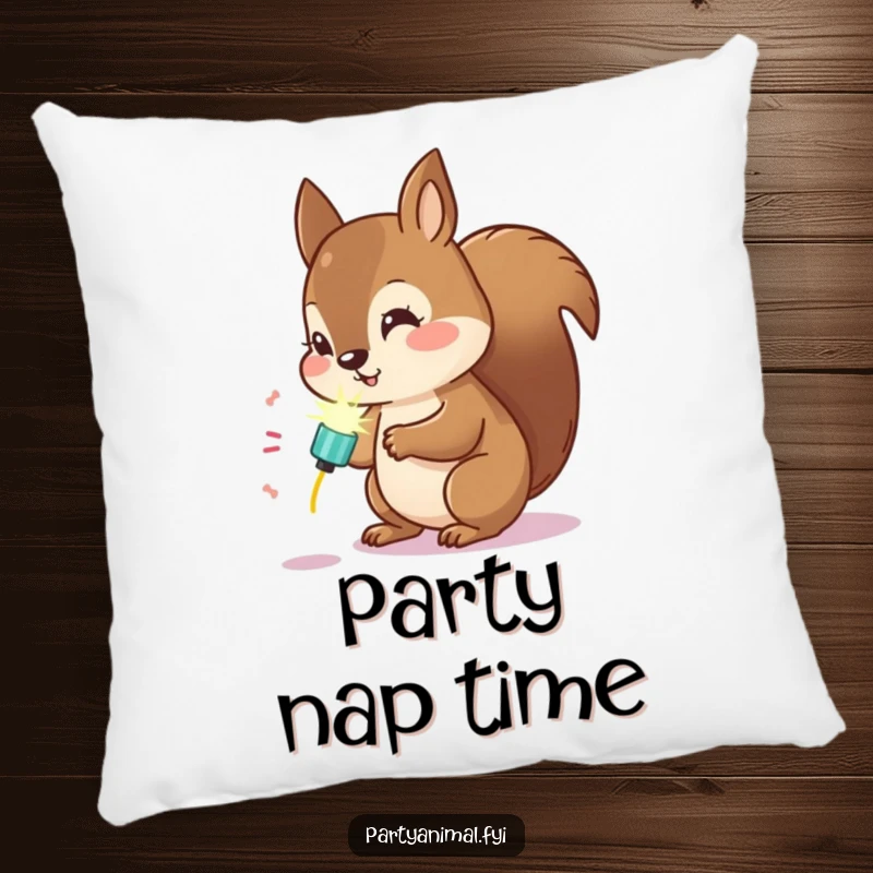Funny Kawaii Squirrel Pillow: A cute squirrel examining a glowing party popper, perfect for cozying up with a sense of wonder.