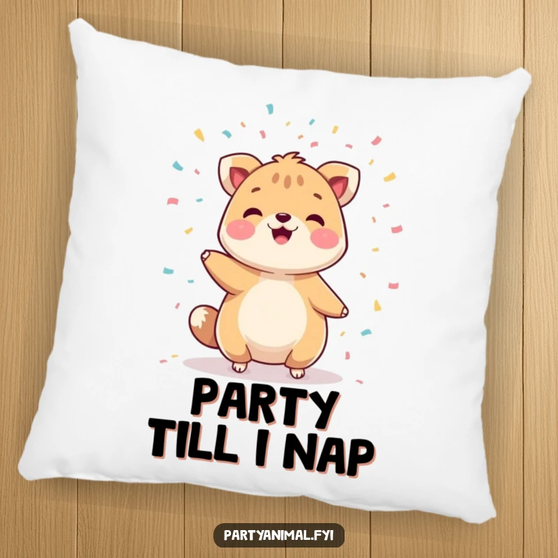 Funny pillow featuring a cheerful animal character energetically juggling a shower of confetti, bringing comfort and humor.