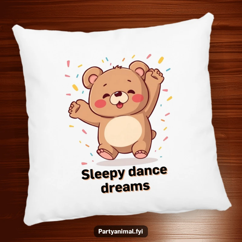 Chubby bear character dancing wildly with confetti falling, featured on a soft and funny decorative pillow.