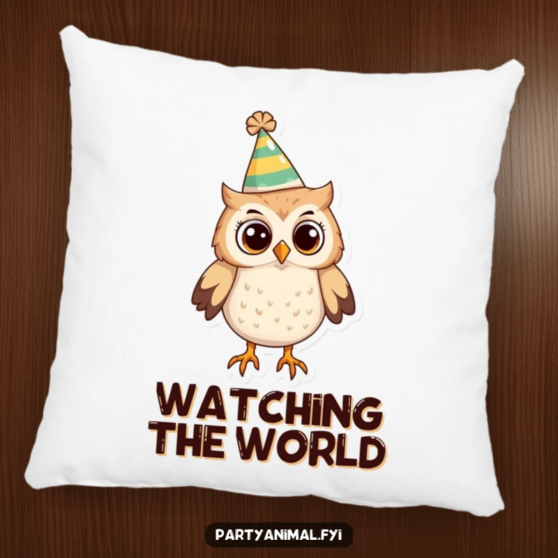 Funny Owl Pillow: A curious owl wearing a funny party hat looks around, offering cozy comfort and a touch of playful mystery.