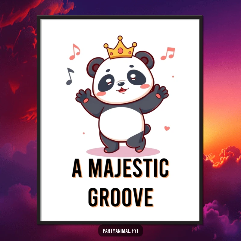 Funny digital art of a happy panda wearing a small crown, dancing enthusiastically with a look of pure musical joy and royalty.