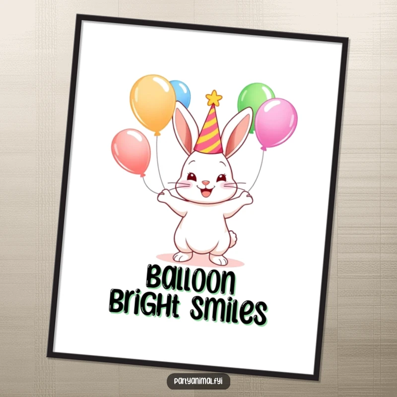 A cute, smiling bunny in a party hat joyfully juggles colorful balloons, presented as a funny and vibrant digital art print.