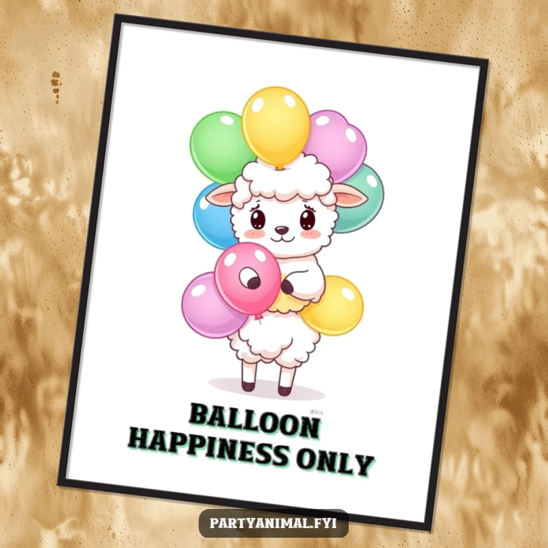 Funny sheep digital art print of a fluffy character balancing a stack of bright balloons, ready for instant download.