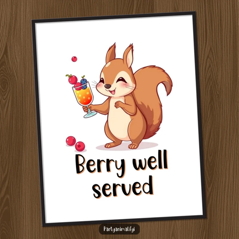Funny digital art print of a squirrel skillfully juggling miniature berry cocktails, bringing whimsical charm to any space.