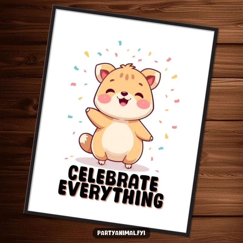 Funny digital art print of a cheerful animal character in mid-juggle with a dazzling array of confetti, full of life.